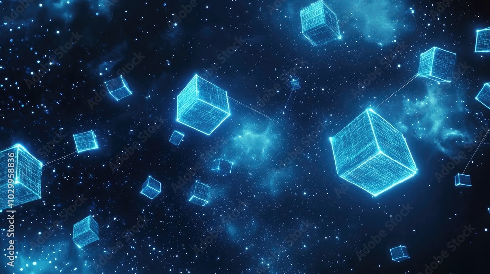 Poster glowing blue cubes floating in space, connected by glowing lines, representing a digital network.