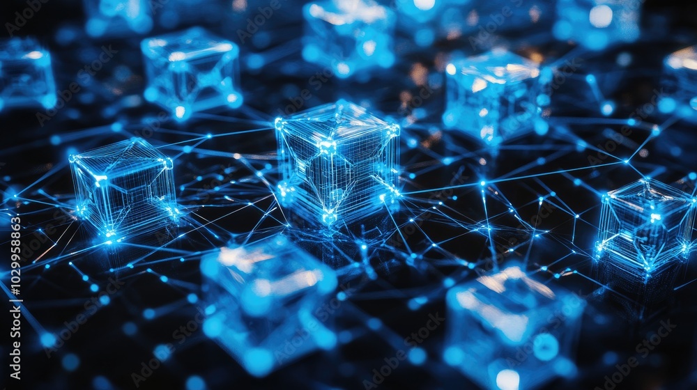 Poster glowing blue cubes arranged in a grid, with thin lines linking them, representing a data network.