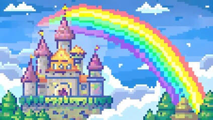 Naklejka premium Whimsical castle with rainbows and clouds pixel art background. 8-bit game assets