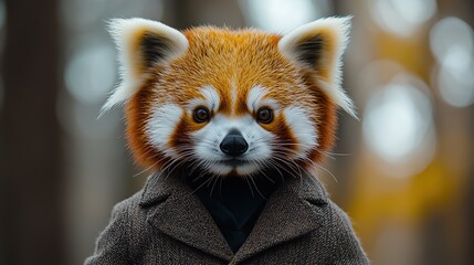 Fototapeta premium A red panda in a suit poses fashionably, embodying a charismatic human-like persona.
