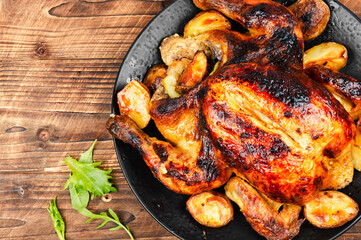 Delicious baked chicken on plate.