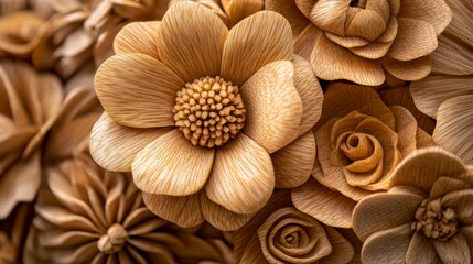 Intricately Carved Wooden Flowers, Close-up, High-quality Photo for Decorative or Artistic Use Generative AI
