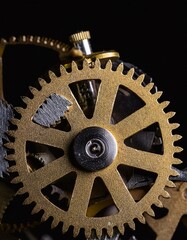 Obraz premium a complex clock mechanism, consisting of brass cogs and cogs. Each element is made of high quality metal, generative ai