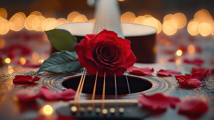A red rose and petals adorn an acoustic guitar, setting a romantic scene.
