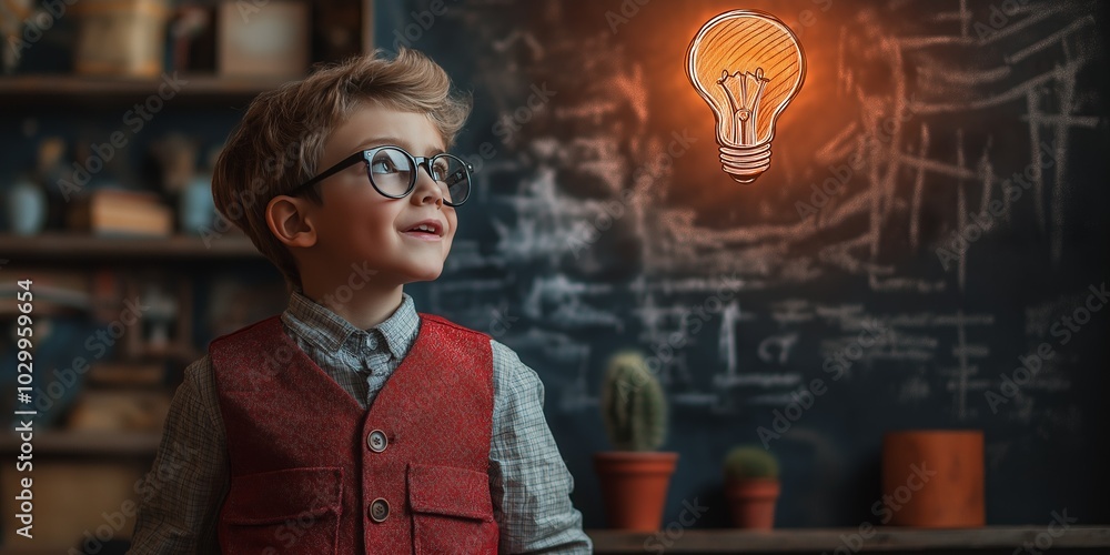 Wall mural happy young boy in glasses standing in classroom with drawn lightbulb symbol of creativity