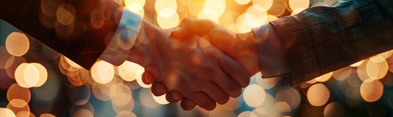 Close-up of business professionals shaking hands, symbolizing a successful deal-making process in a bright office environment. The warm sunlight illuminates the moment, creating a cinematic atmosphere