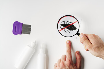 Tools for inspecting and treating lice infestations at home with a magnifying glass and a comb