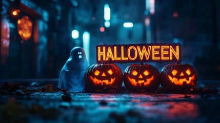 Halloween-themed artwork featuring pumpkins and a ghost with the big letter "HALLOWEEN"