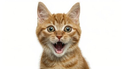 Obraz premium Adorable ginger kitten with surprised expression on clean white background. Cope space