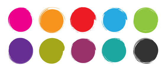 Grunge circle vector template set design element frames in different colors. Set of circle frames with paintbrush scratch textures, ink splashes, logo grunge style, colored circular elements.