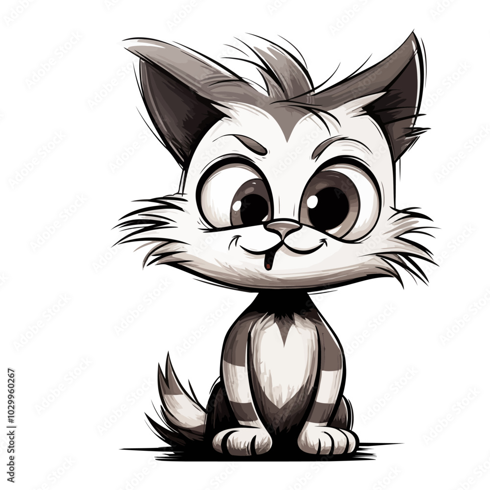 Poster vector illustration of a cute cartoon cat with big eyes and a playful expression. ideal for children