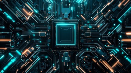 Fototapeta premium Futuristic Circuit Board Pattern with Microchips and Digital Lines for Technology and Innovation Concepts Generative AI