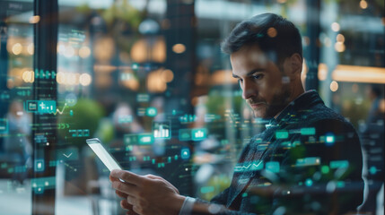  Businessman utilizing AI technology for data analysis in diverse environments such as a coffee shop, park, and library, showcasing the versatility and adaptability of AI in real-time data analytics, 