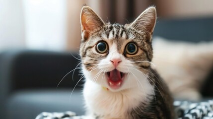 Fototapeta premium Surprised kitten with wide eyes sitting on cozy blanket in living room.