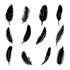 Vector illustration of various feather silhouettes. Perfect for design, nature, or artistic projects. Generative AI.