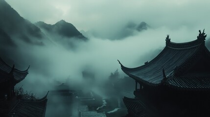 Misty mountains and a serene temple