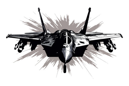 Vector illustration of a fighter jet from the front. Perfect for military, aviation, or action-themed designs. Generative AI.