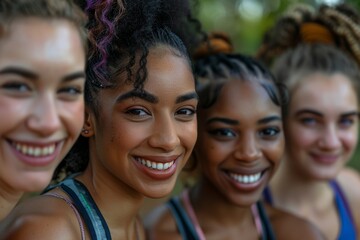 Fototapeta premium Group of four smiling women in athletic outfits posing outdoors