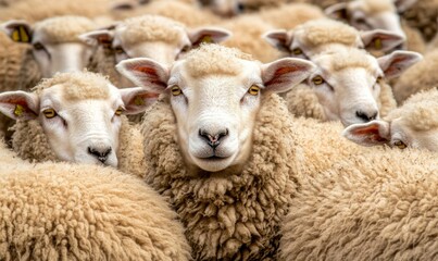 Sheep heads filling frame flock close together in yards to be shorn