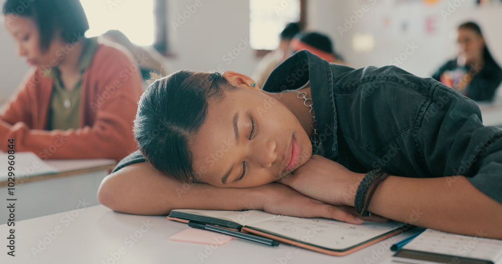 Aufkleber exhausted, sleeping and student on desk in classroom at school with fatigue in lesson for learning. 