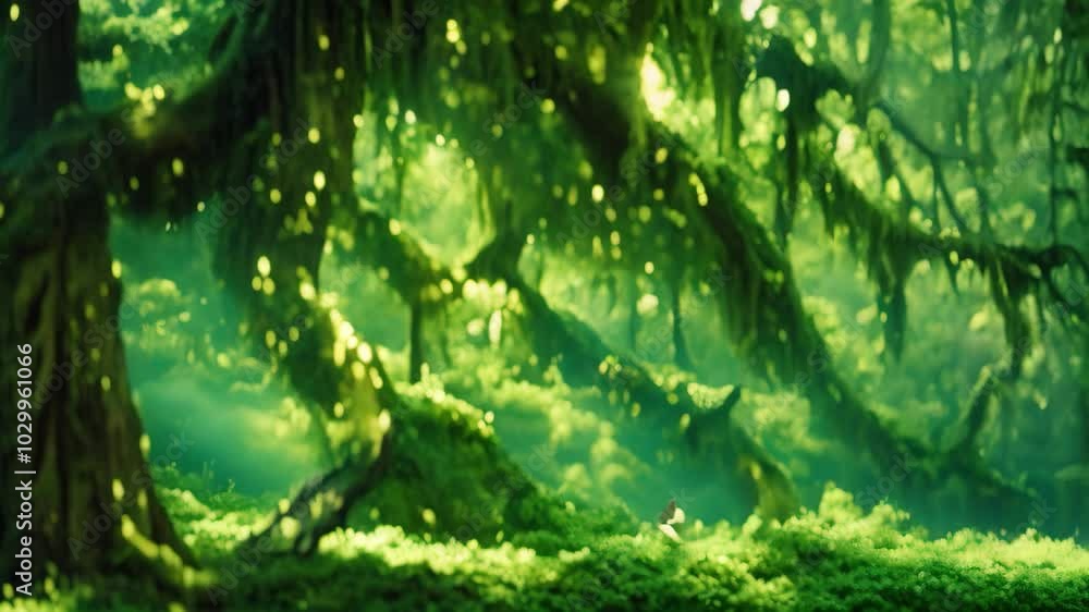 Poster a lush forest scene with moss draping over tree branches, sunlight filtering through the canopy, mos