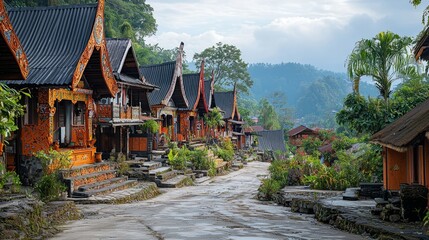 Obraz premium Toraja Traditional village street with wooden houses in an Asian countryside setting