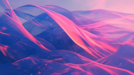 Abstract digital waves in shades of pink and purple, captured with a wide-angle lens, showcasing high saturation and high-key film techniques to enhance depth and texture, creating a captivating visua