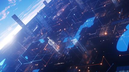 Abstract digital connections showcasing data and blockchain technology, emphasizing the innovative and transformative nature of modern networks. This composition captures the essence of interconnected