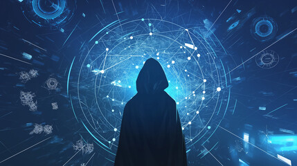 Anonymous hacker surrounded by a vibrant network of glowing data, symbolizing the intricate world of cybersecurity, cybercrime, and cyberattacks. The image captures the essence of digital threats and 