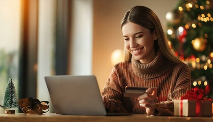 Fototapeta premium Christmas season, a woman in a cozy festive sweater is joyfully using her laptop and credit card to browse online for holiday gifts