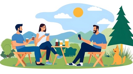 Fototapeta premium Outdoor social gathering with individuals chatting and enjoying a sunny day together offering space for text Showcasing the essence of relaxation community