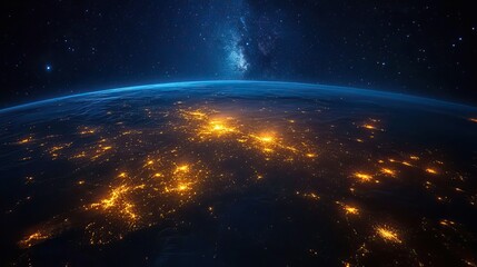 A satellite captures a night view of North America with the Milky Way in the background.