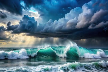 Naklejka premium stormy sea waves with rain and clouds
