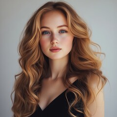 Fototapeta premium Portrait of a Beautiful Woman with Curly Hair in Black Dress, Fashion and Beauty Concept Generative AI