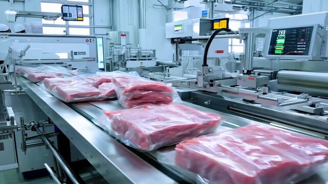 Automated meat processing line in modern factory setting
