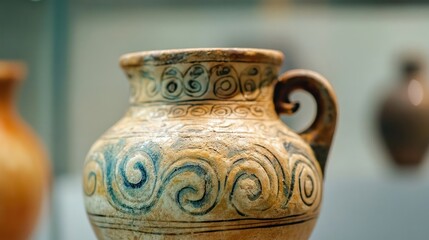 Closeup of an ancient clay pot with intricate black and white swirling designs against a blurry background.