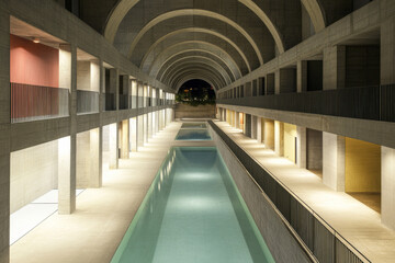 Contemporary architectural design featuring a serene water canal in an urban setting at night