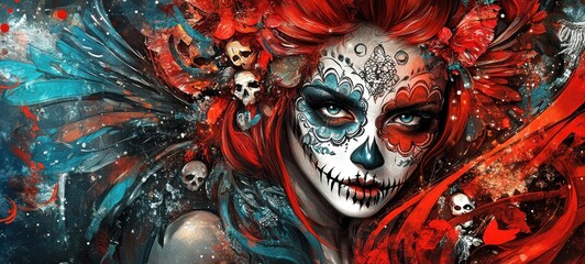 A vibrant artistically painted female figure celebrating Día de los Muertos with intricate makeup, floral accents, and vivid colors