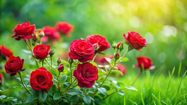 Small red roses on green grass in summer