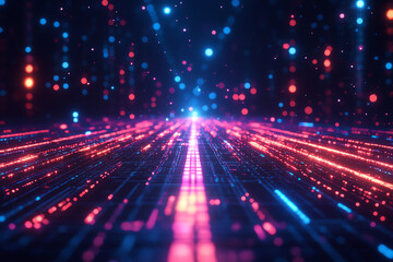 Infinite holographic data highway glowing lines and particles, representing futuristic motion and data flow.