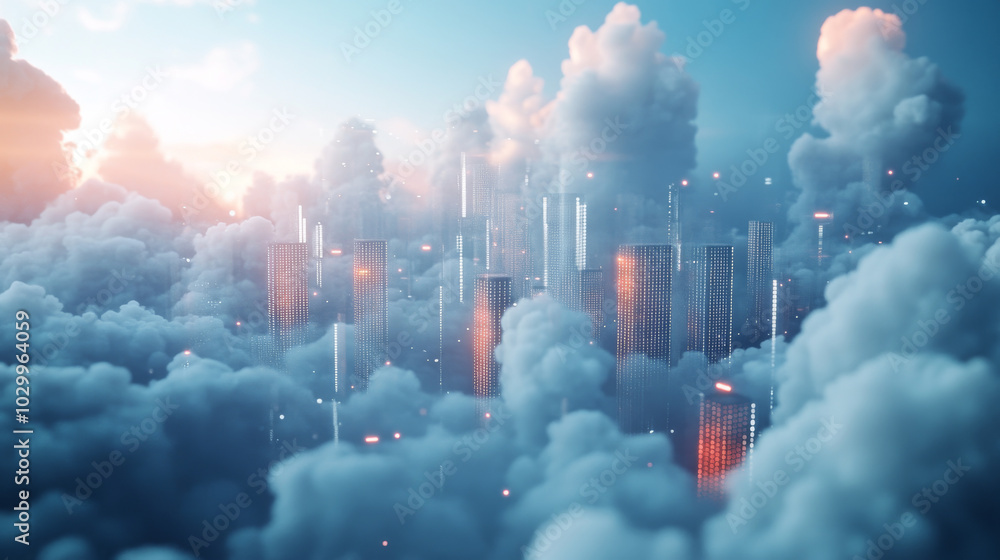 Poster a futuristic cityscape with 3d light and cloud computing. smart buildings exchange and store big dat
