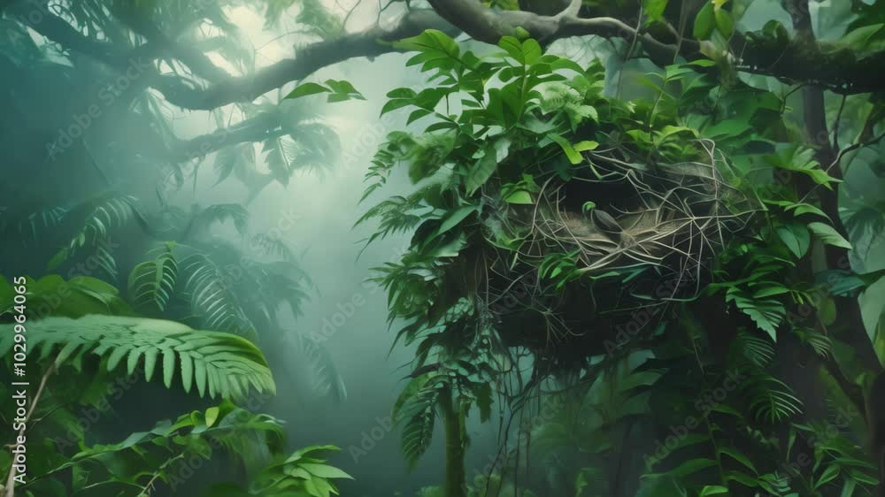 Poster a birds nest sits nestled in a tall tree in a dense, foggy forest, nesting in a tall tree in a lush 