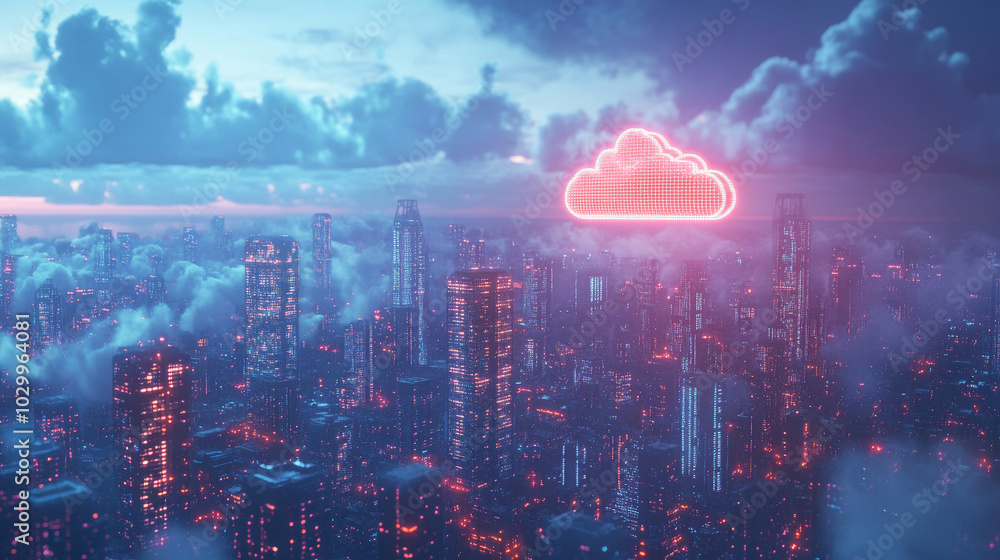 Poster a futuristic cityscape with 3d light and cloud computing. smart buildings exchange and store big dat