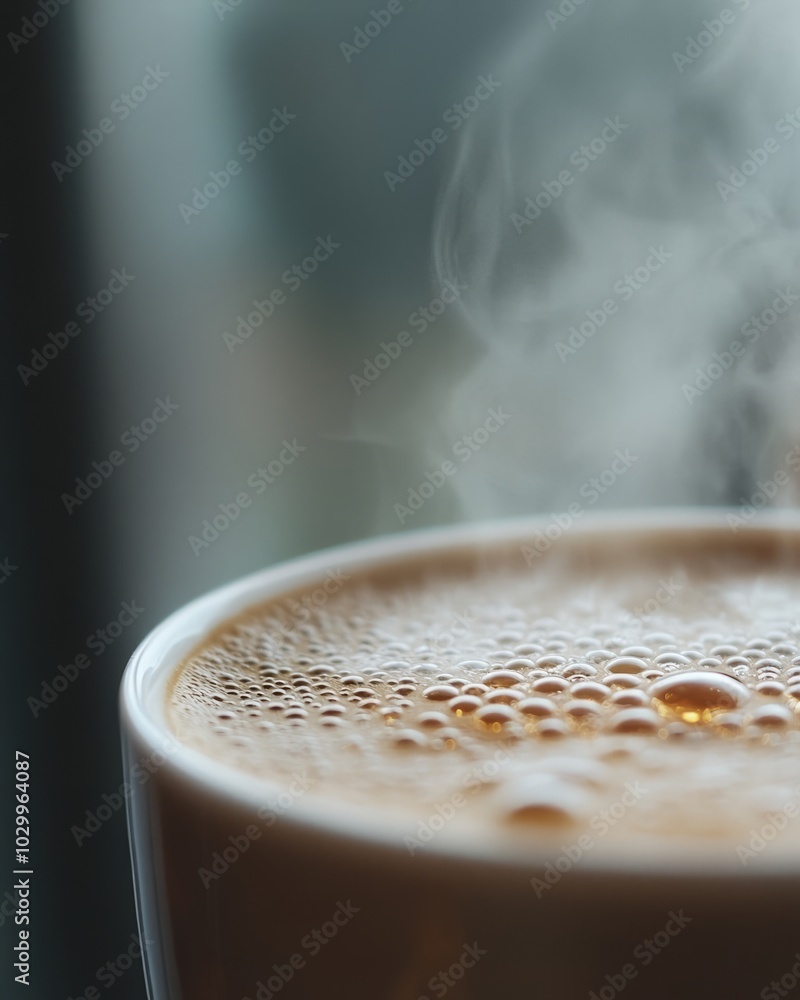 Sticker Close-up of a steaming cup of coffee with bubbles on the surface.