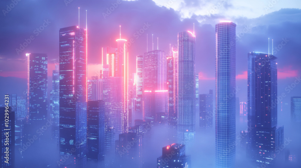 Poster a futuristic cityscape with 3d light and cloud computing. smart buildings exchange and store big dat