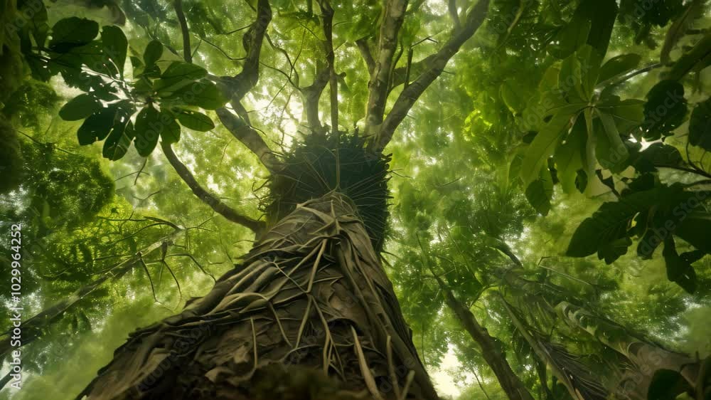 Poster a view from below of a tall tree with a nest in a lush, green forest, nesting in a tall tree in a lu