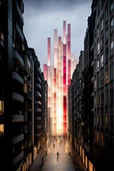 Modern urban landscape featuring colorful light installation in city street at dusk