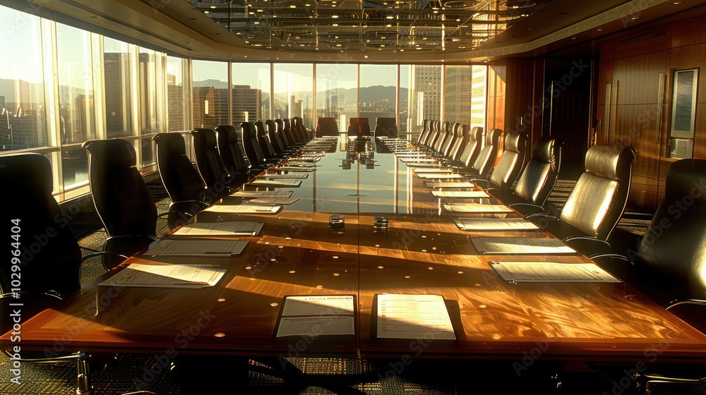 Poster empty boardroom with cityscape view through large windows