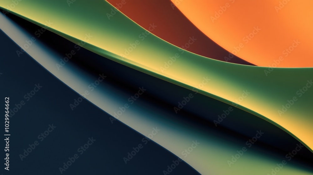 Poster green and orange angular shapes, intersecting over a dark blue abstract background, creating a sleek