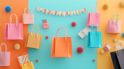 Colorful shopping bags are arranged on vibrant background, creating cheerful and festive atmosphere. scene features various sizes and colors of bags, along with decorative elements like pom poms and b